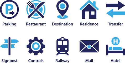 Map location and transportation service web icons with signpost controls railway mailbox and hotel symbols. © Emongrapic