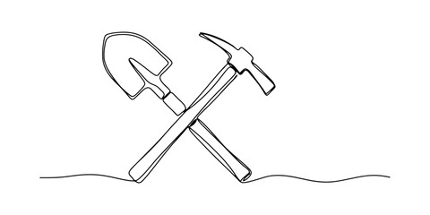 Continuous single line drawing of a shovel and a pickaxe crossed together representing construction and mining work tools © Badhon_Designer