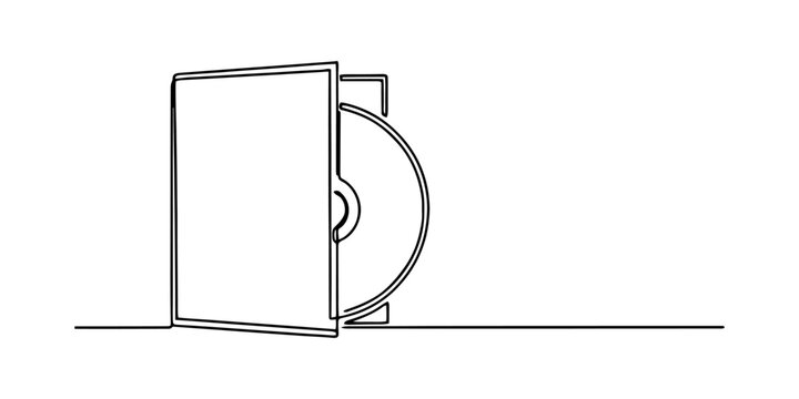 Continuous single line drawing of an open cd or dvd case with a disc inside