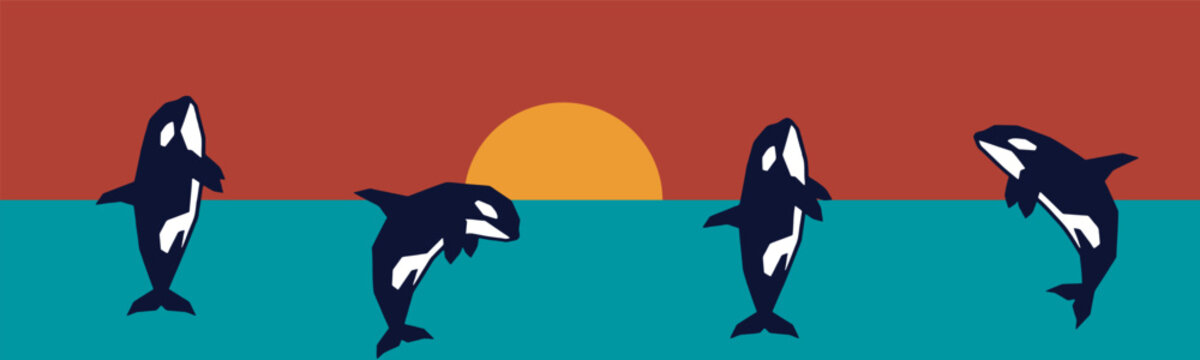 Graphic illustration of killer whales jumping out of the ocean at sunset.