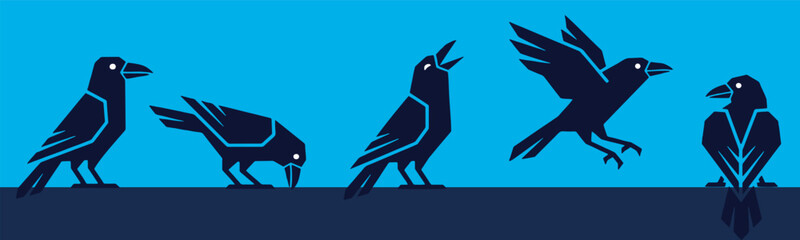 Obraz premium Illustration of black crows in various poses against a blue background, depicting different actions and expressions.