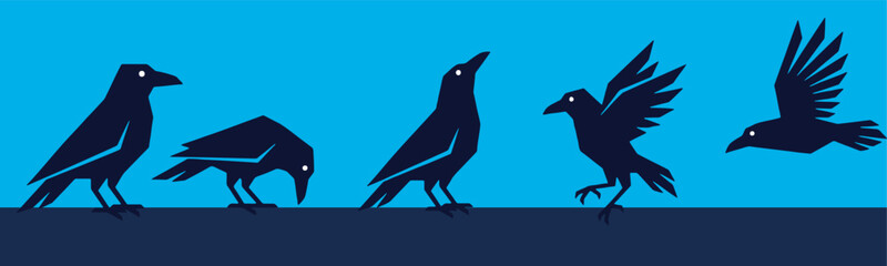 Obraz premium Illustration of a black crow in various poses, including standing, pecking, looking up, and flying, against a blue background.