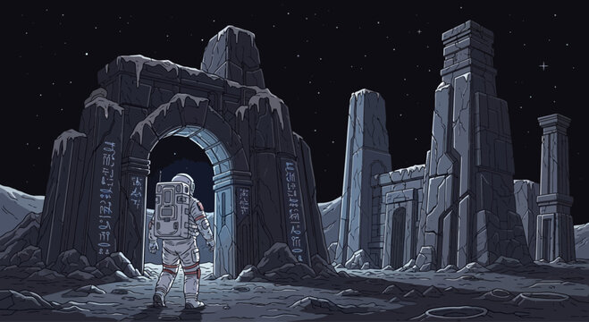 Astronaut exploring ancient alien ruins on a desolate moon landscape, pixel art style.