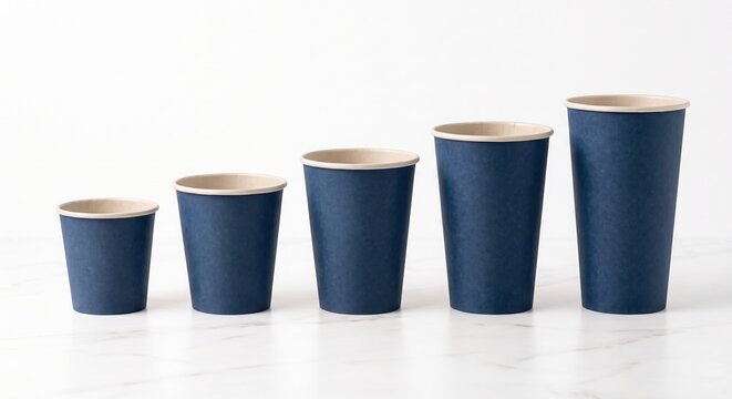 Blank navy blue paper takeaway coffee cups arranged by size from small to extra large. Premium disposable drink packaging mockup isolated on a clean white background with copy space.