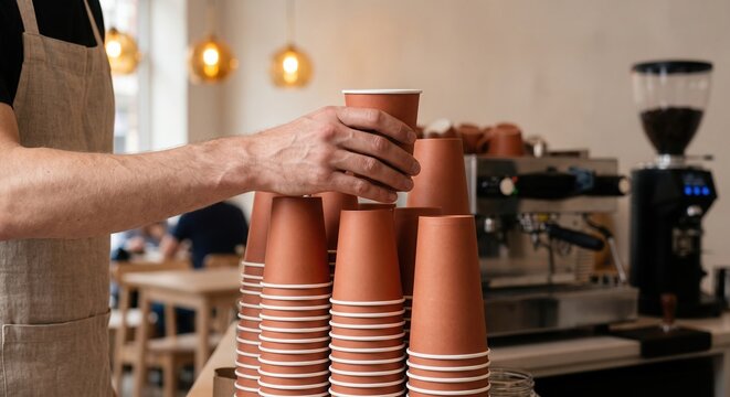 Barista reaching for a blank kraft takeaway coffee cup from stacked paper cups inside a modern specialty coffee shop. Lifestyle branding concept with copy space and unbranded packaging.