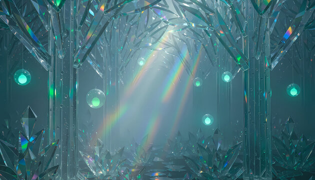 Crystal Glass Forest - Surreal Cinematic Scene with Rainbow Light Refraction and Glowing Orbs