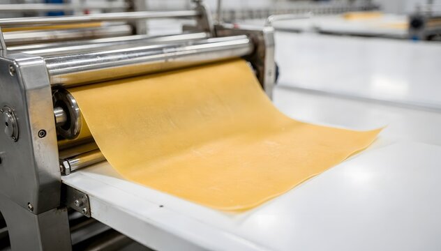 Close-up of Fresh Yellow Dough Being Flattened and Rolled by Stainless Steel Machine in a Modern Food Processing Facility, Emphasizing Precision and Automation