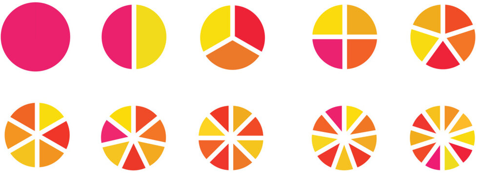 Colorful pie charts arranged in a grid formation showcasing various color combinations