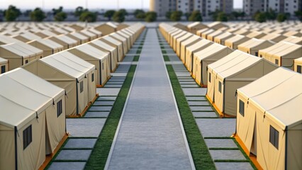 Fototapeta premium Rows of beige tents aligned symmetrically in a temporary outdoor camp setting.
