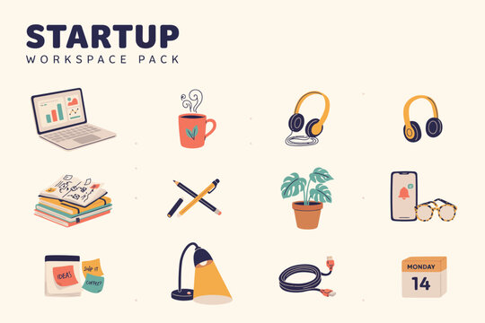 Flat pack of startup workspace essentials, including documents, tools, and office supplies flat startup workspace