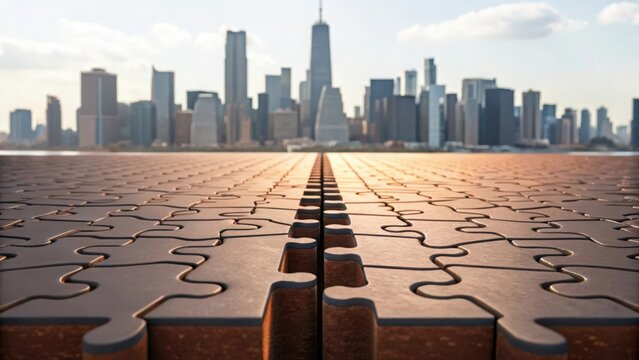City skyline merging with a large jigsaw puzzle in the foreground.