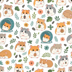 Obraz premium Seamless Hamster Pattern with Cute Pets, Flowers and Botanical Elements - Adorable repeating design featuring playful hamsters, floral accents and leafy greenery, perfect for nursery. (AI)