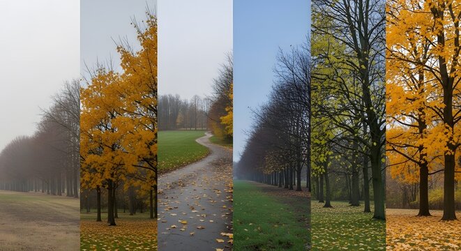 Seasonal transition first day of winter collage with autumn leaves and bare trees