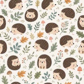 Seamless Hedgehog Pattern with Forest Leaves and Woodland Elements - Adorable repeating design featuring cute hedgehogs, autumn foliage and charming nature details. (AI)
