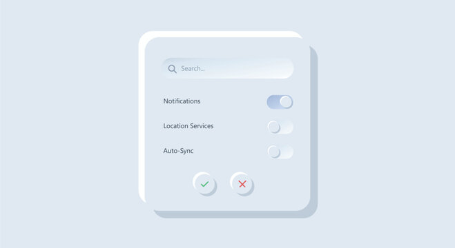 Minimalist light neumorphism user interface control panel window displaying toggle switch options search bar field and confirmation checkmark cross buttons.
