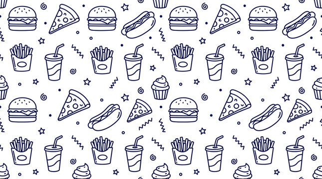 Seamless pattern of hand drawn fast food line art icons featuring burger pizza hot dog fries and soda on white background, perfect for menu design, food packaging and cafe branding background