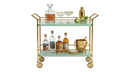 An elegant gold and mint green two-tiered rolling serving cart is adorned with various liquor bottles, cocktail glasses, and a decanter filled with amber liquid, set against a transparent background. © Isolated_png