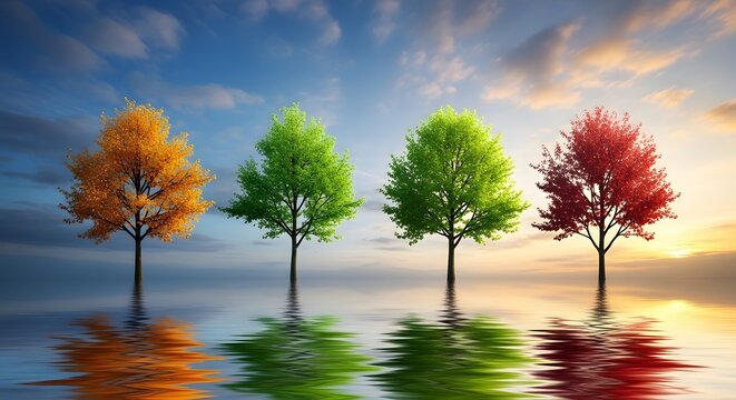 Four trees representing four seasons on first day of winter