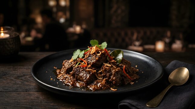 A gourmet presentation of tender braised beef chunks coated in a rich dark savory sauce, garnished with microgreens and served in a luxury restaurant ambient.