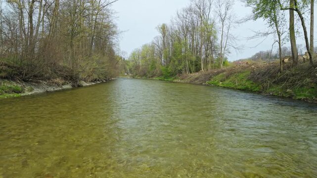 Aerial view of clear waters of Ager river in Attnang Puchheim, Austria