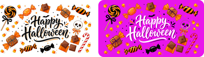 Fototapeta premium Festive halloween sweets and treats illustration with hand lettered typography