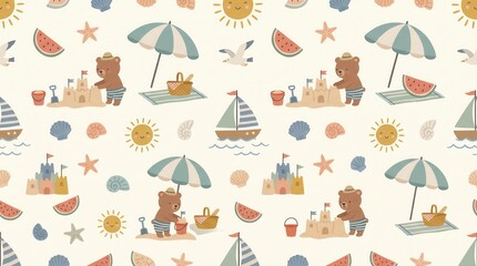 Fototapeta premium Cute cartoon bears playing on a sandy beach building sandcastles under umbrellas during summer