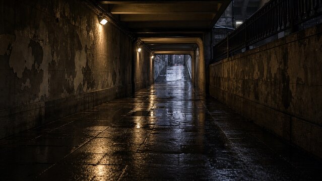 European Rainy Underpass At Night