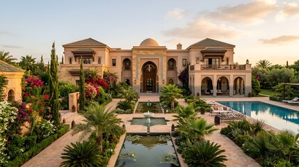 Fototapeta premium Luxury Moroccan Villa Estate with Pool and Garden at Sunset