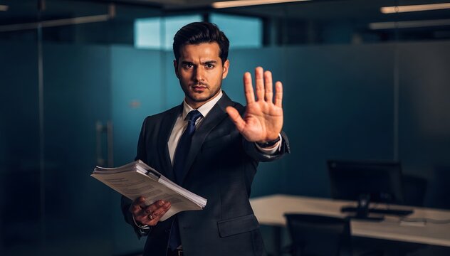 Assertive businessman with dark hair and blue tie makes a stop gesture with open palm, holding documents in an office, conveying firmness and control