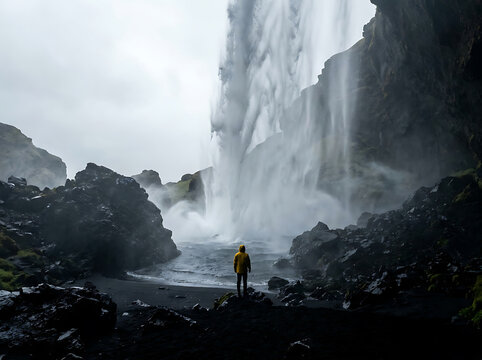 Person standing before a massive waterfall. Traveler exploring nature. Concept of adventure and scale.