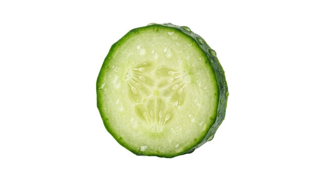 Single cucumber slice with water drops isolated on transparent background, healthy food ingredient and summer vegetable for salads, cooking, and juice.
