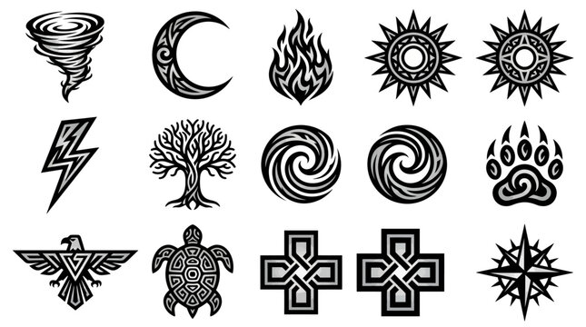 Abstract tribal symbols and nature elements black icons.