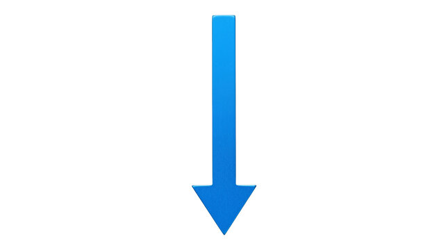 Straight blue arrow pointing downwards with glossy finish and long thin stem representing download sign isolated on transparent background png illustration.