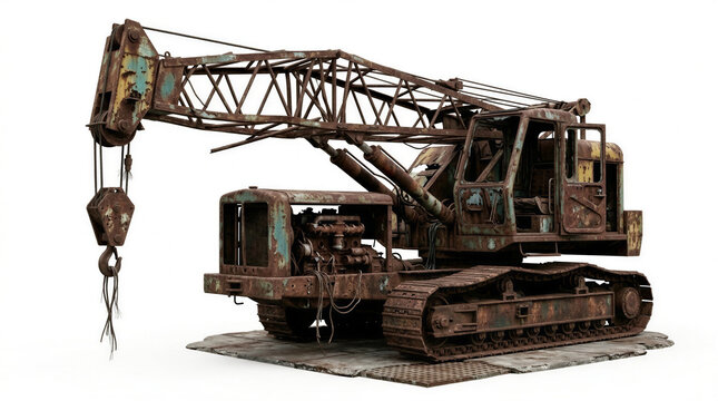 Rusty Vintage Crawler Crane Isolated on White Background