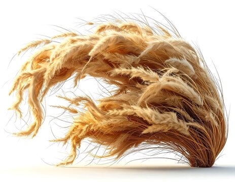 Close-up of dried brown seaweed strands on white background.