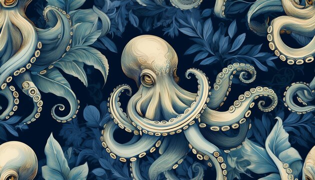 blue vintage octopus and baroque floral leaf seamless pattern for luxury textiles ocean themed wallpapers and sophisticated branding