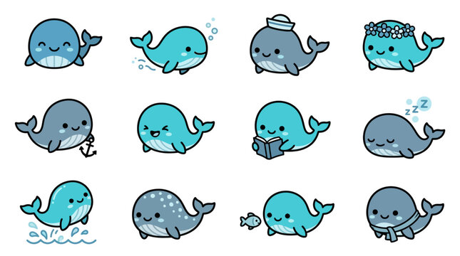 Active whale character icons performing hobbies.