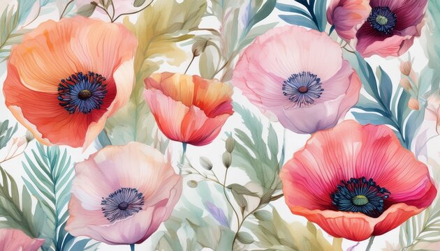 luminous watercolor poppy and foliage seamless pattern in soft pastel colors for luxurious fabrics stationery and spring decor