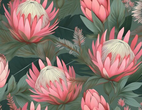 lush tropical floral seamless pattern in pink and sage green featuring protea and jungle foliage for luxury fashion and home decor