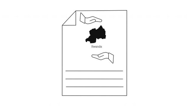 Black and white illustration of a document with a map of Rwanda and icons.