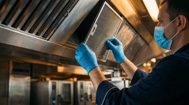 A professional worker in gloves maintains a kitchen ventilation canopy for fire safety.