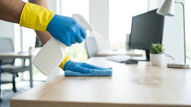 Commercial cleaning service person sanitizing a workplace desk near a computer monitor and small plant.