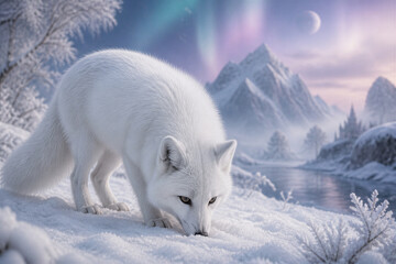 Naklejka premium Arctic fox sniffing snow in frozen tundra with aurora