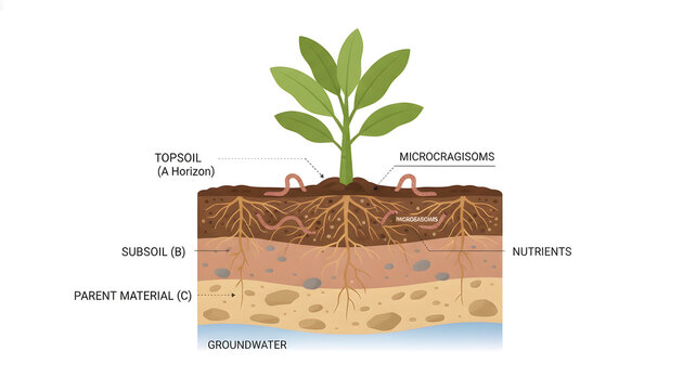 Soil Layer Cross Section Diagram with Plant Roots and Earthworms.