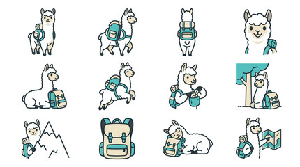 Adventure llama characters with hiking gear and maps. © Via