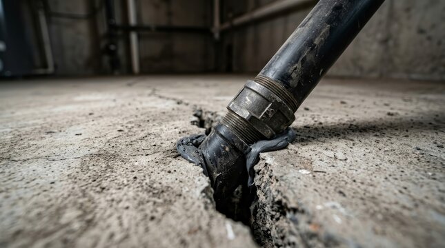 A black soil suction pipe used for radon mitigation installed through a crack in a concrete floor.