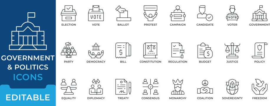 Government Politics Election Vote Icon Set editable vectors for democracy campaign ballot justice policy and diplomacy treaty