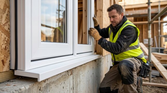 Construction worker installing a white vinyl window frame during residential building renovation.