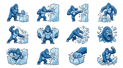 Aggressive gorilla mascot smashing and punching ice blocks. © Via