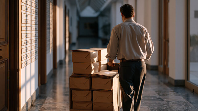Lone civil servant pushing mail cart stacked with sealed interoffice envelopes through long government corridor under harsh midday sun entering through skylights, worn floor tiles